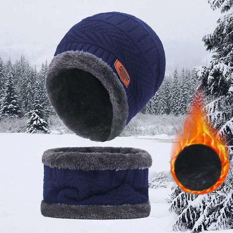 Winter Hat For Men Fleece Scarf Women Neck Leather Knitted Cap Thick Wool Neck Warmer Balaclava Ski Mask Skullies Beanies